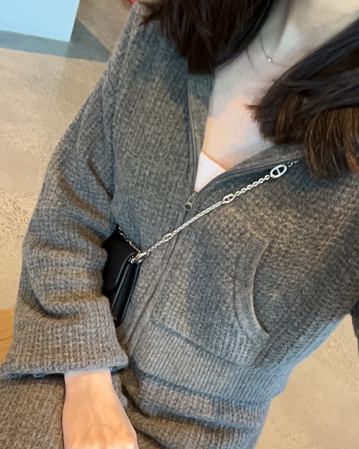 純山羊絨鬆餅格拉鍊外套