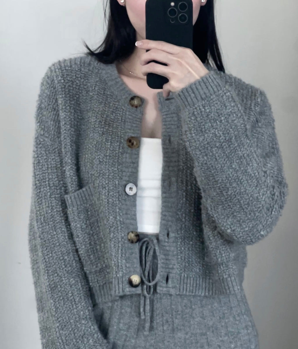 短版純山羊絨圈圈紗開衫 (灰)