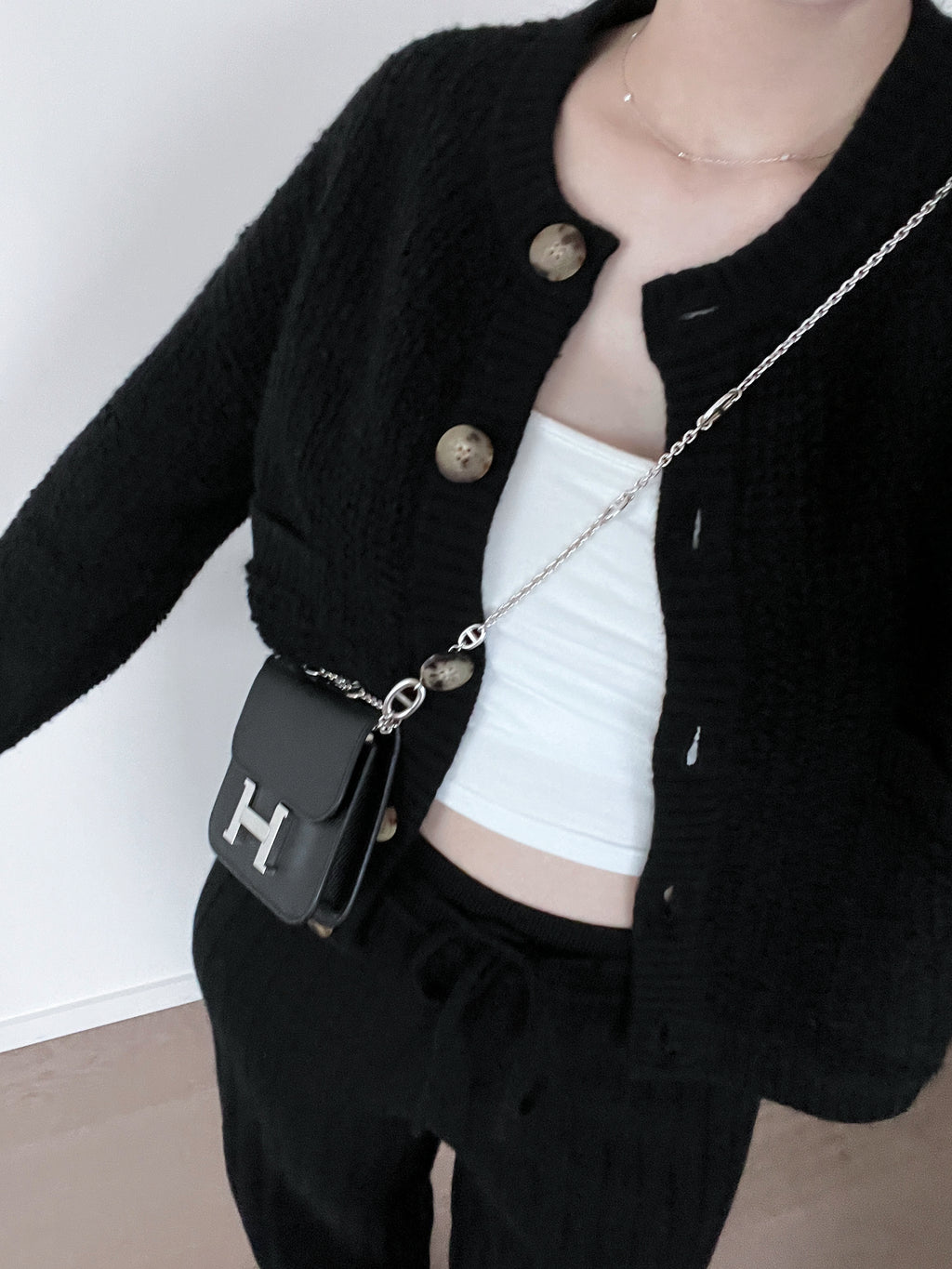 短版纯山羊绒圈圈纱开衫 (黑)