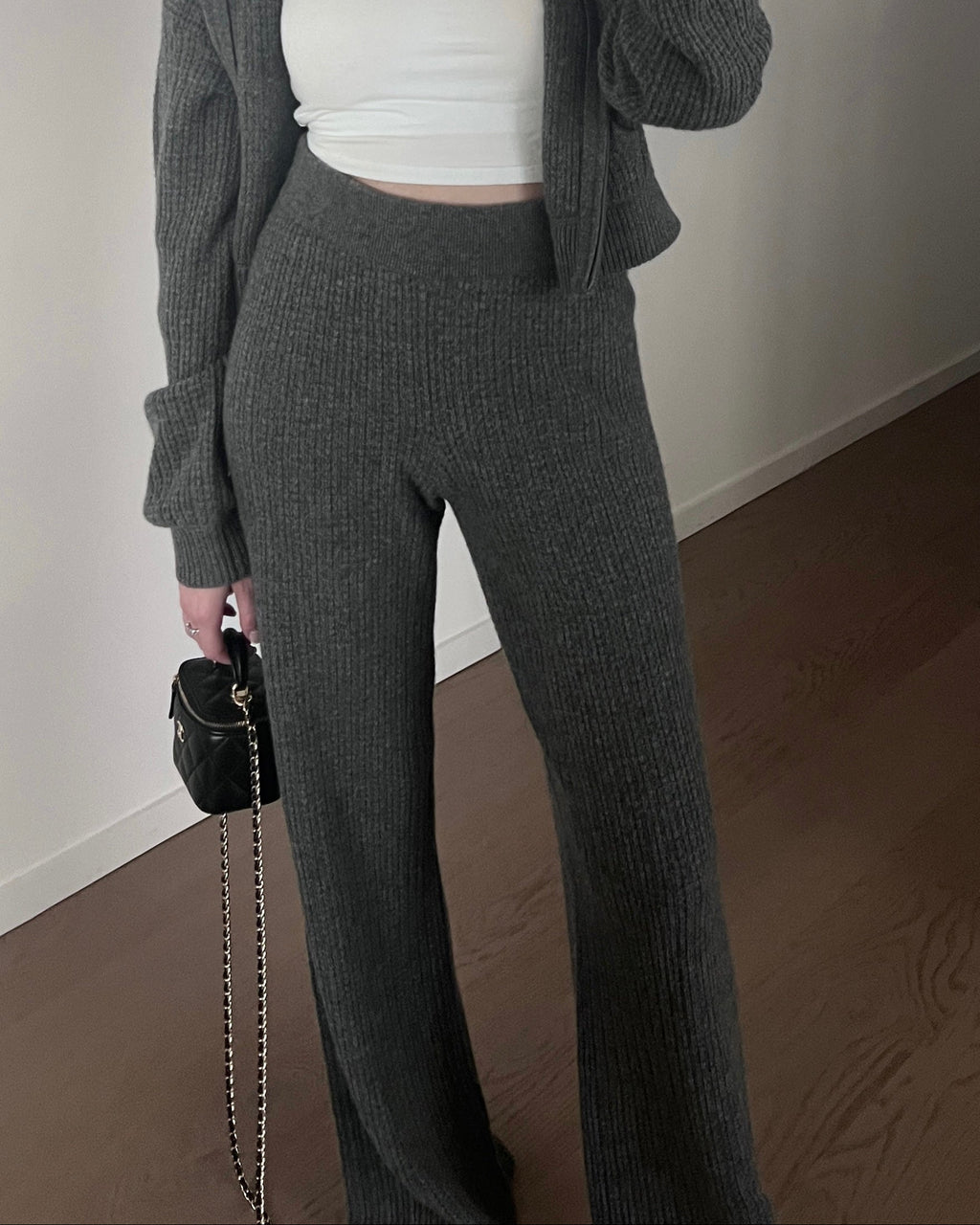 純山羊絨高腰鬆餅格長褲