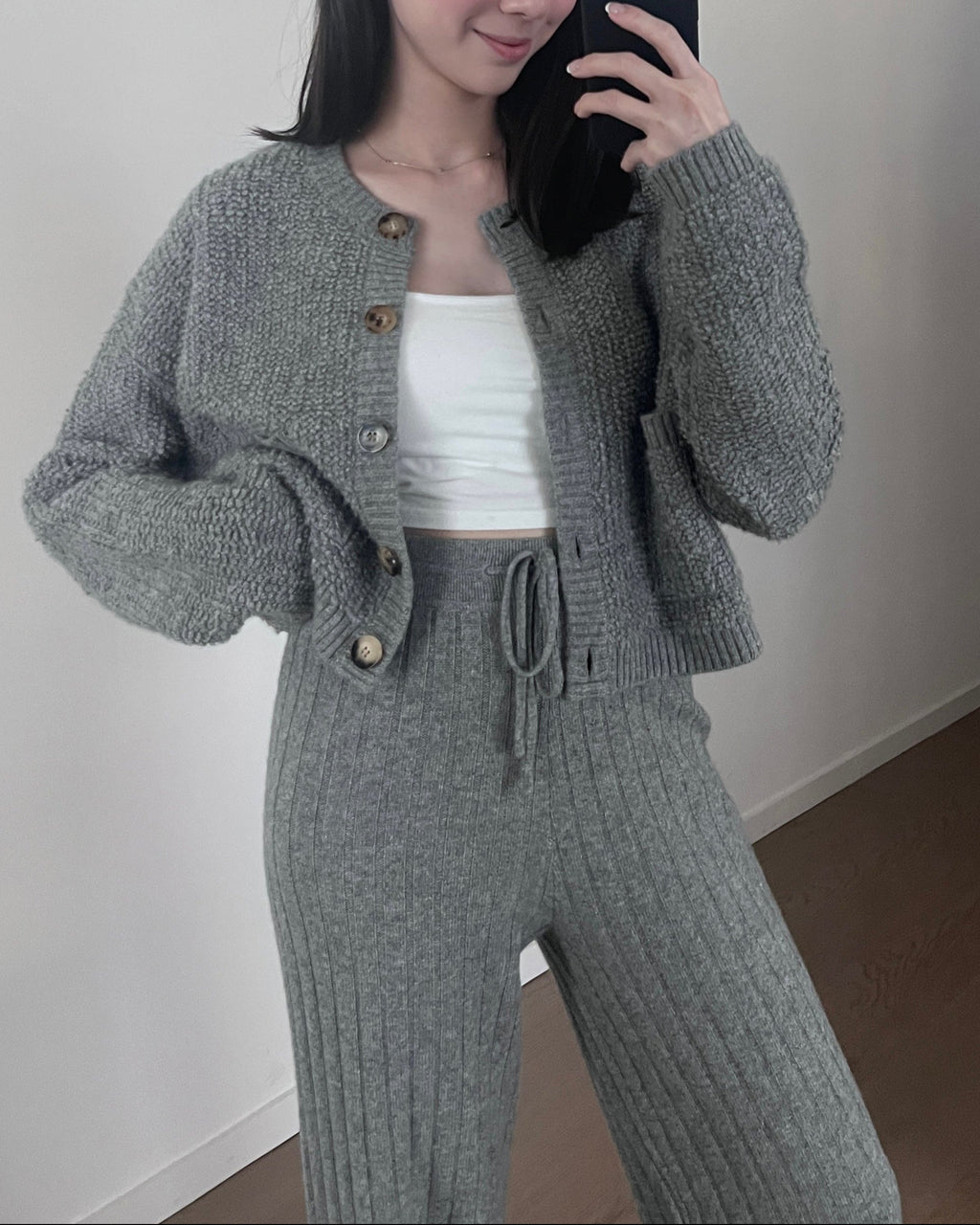 短版純山羊絨圈圈紗開衫 (灰)