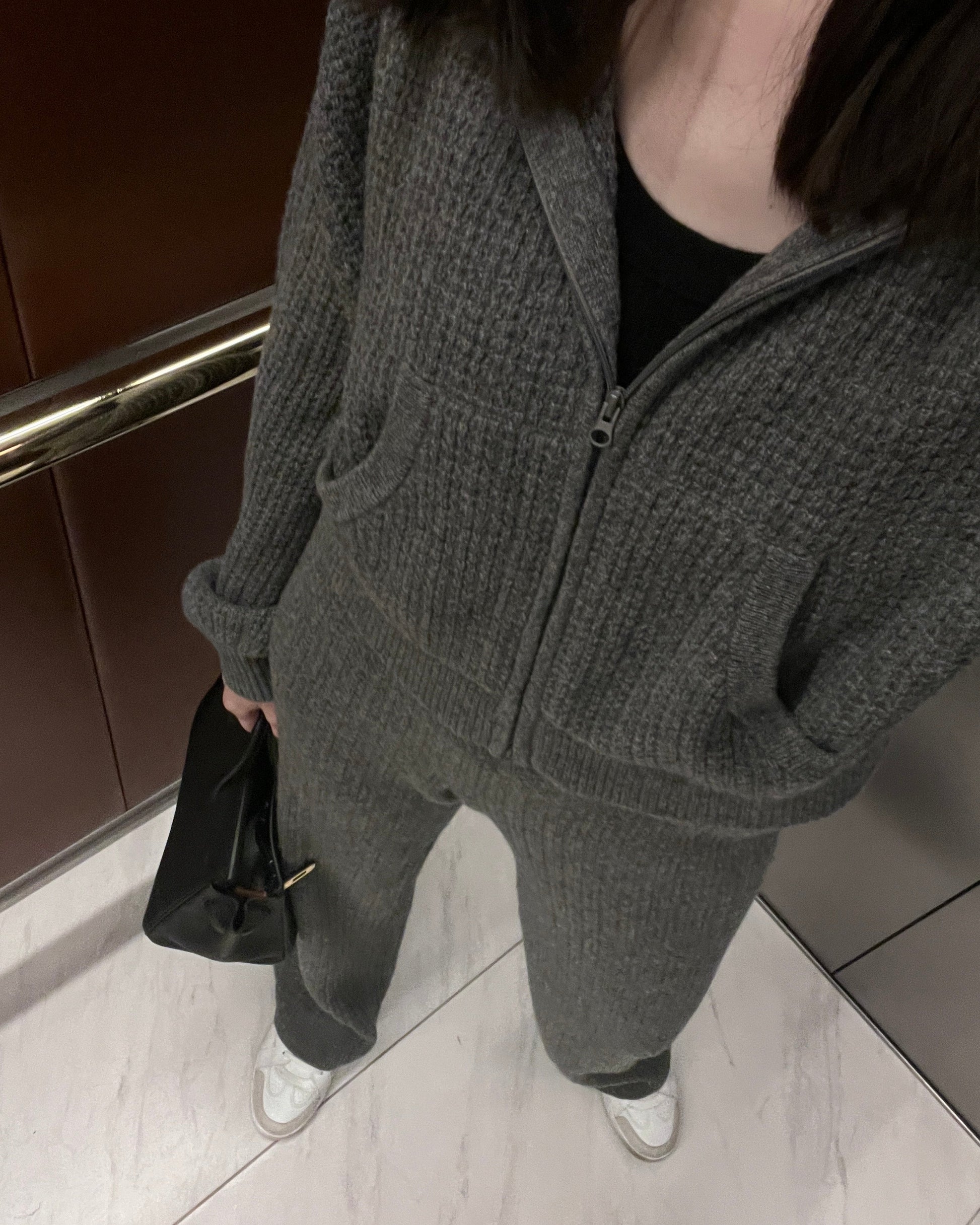 純山羊絨鬆餅格拉鍊外套