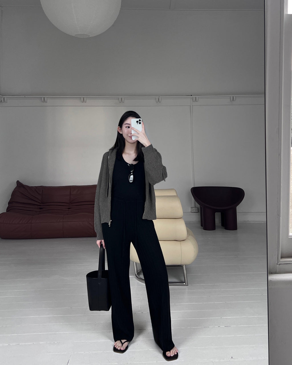 纯山羊绒高腰坑条长裤 (黑)